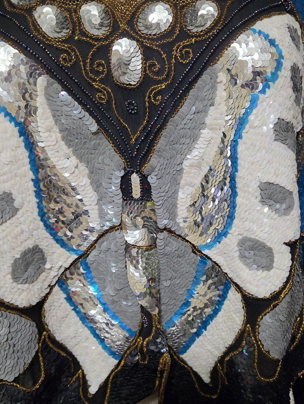 1980s Vintage STAR GROUP Small 1Sequined Butterfly Top in Blue, Silver & Black - Picture 2 of 6